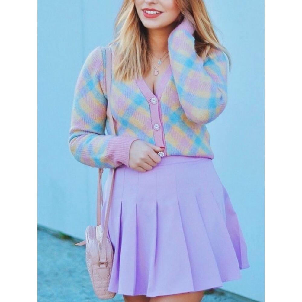 Zara Pastel Multi-Color Knit Cardigan with Lilac Trim